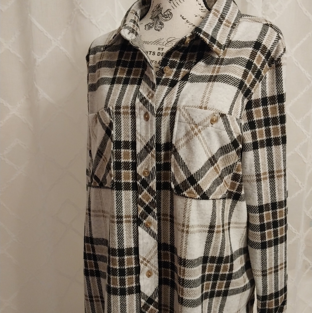 WOMENS COZY DICTIONARY PLAID FLANNEL BUTTON DOWN SHIRT/ XL